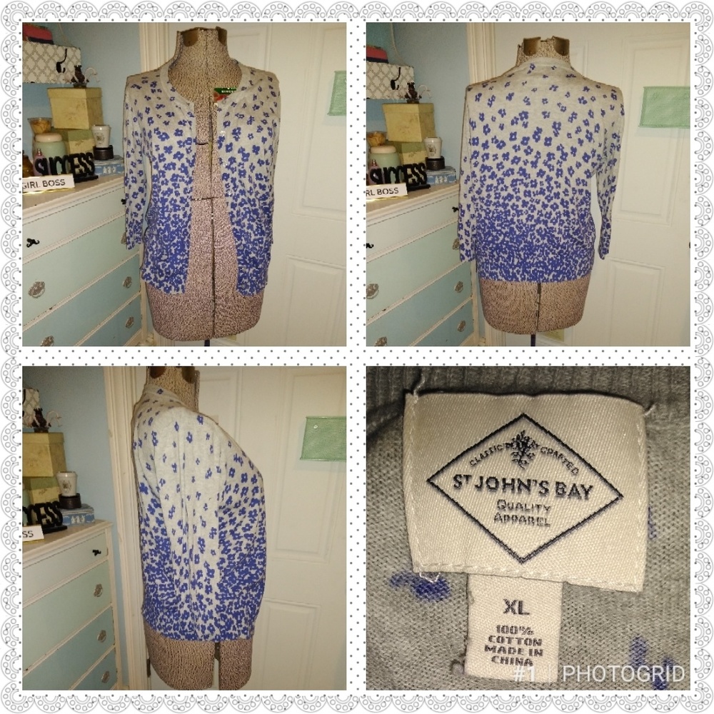 Johnson's Bay cardigan, beige with purple flowers.
